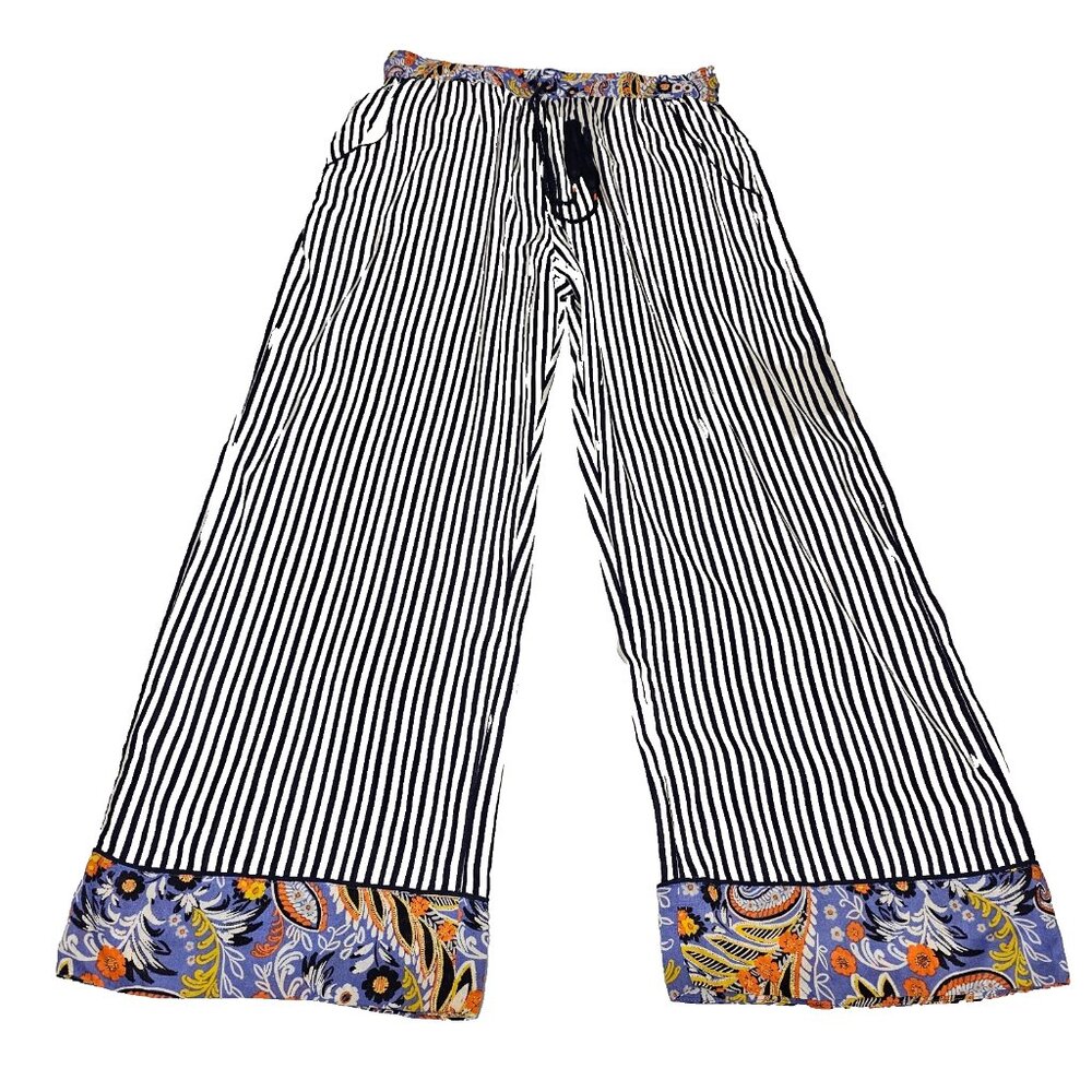 Anthropologie Striped Ankle Wide-Leg Pants with Floral Trim - Black & White
NWOT